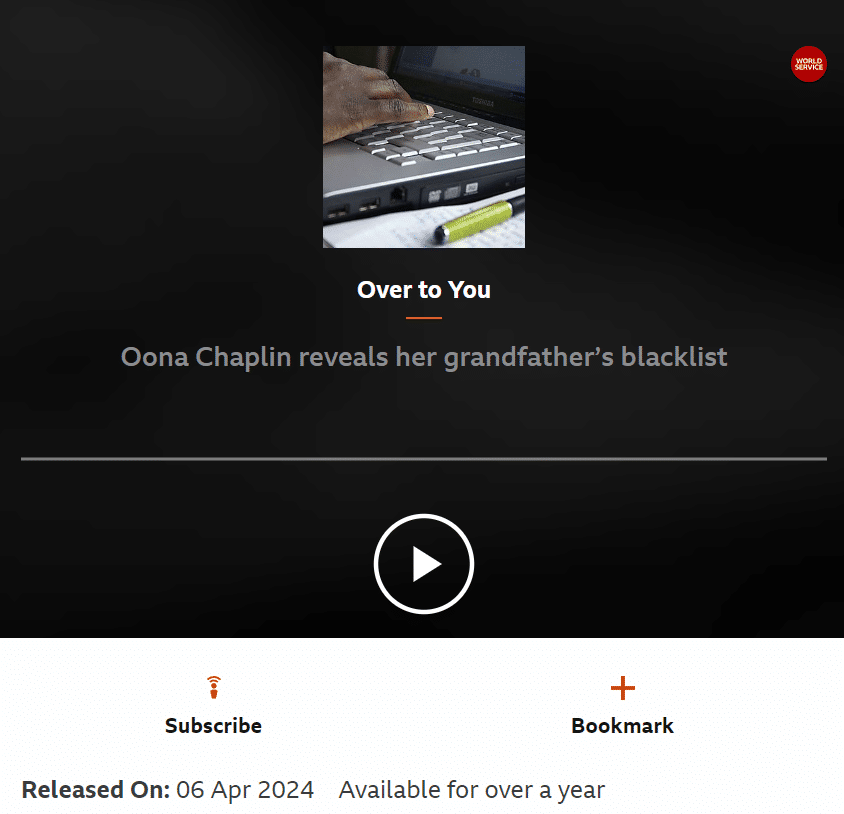 Released On: 06 Apr 2024Available for over a year Listeners react to Hollywood Exiles, a new podcast that explores how Charlie Chaplin became embroiled in what was known as the “Hollywood blacklist”. We speak to the show’s producer about how the presenter, the star’s granddaughter Oona Chaplin, became totally immersed in the production process. Plus, we air more of your feedback responding to recent schedule changes. Presenter: Rajan Datar Producer: Howard Shannon A Whistledown Production for BBC World Service https://www.bbc.co.uk/sounds/play/w3ct5tsg